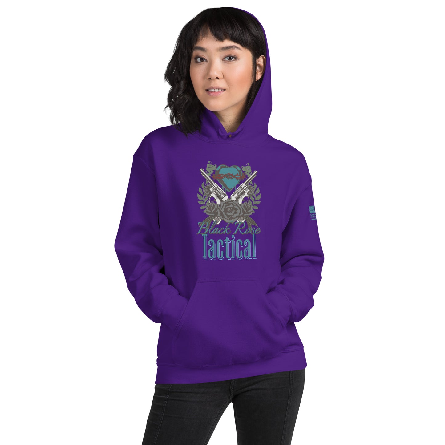 Person wearing a purple hoodie with 'Black Rose Tactical' logo on a white background
