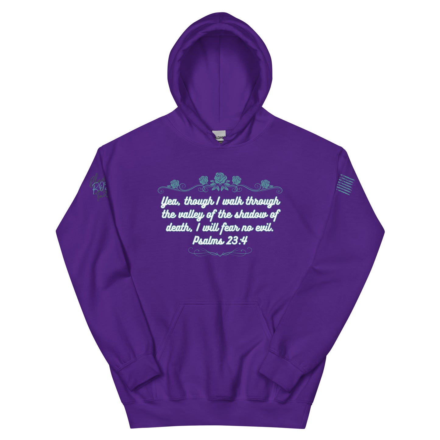 Purple hoodie with text design on a white background