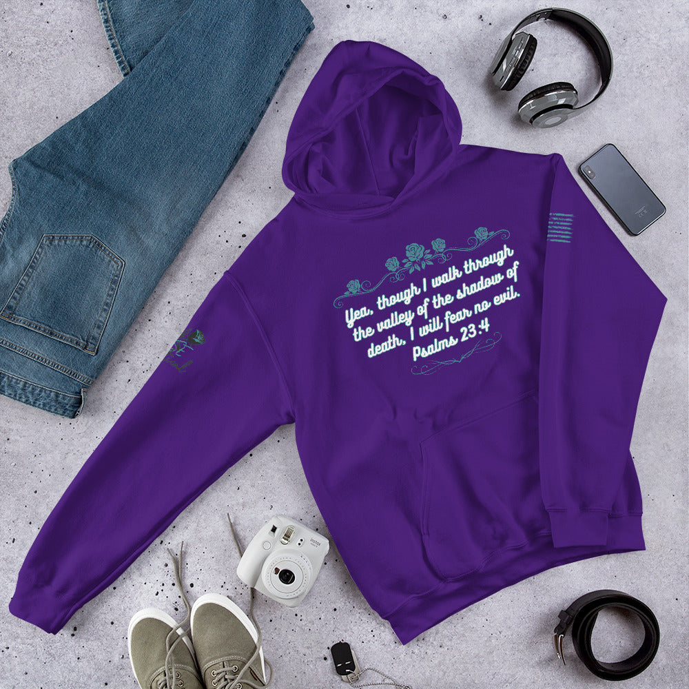 Psalms 23:4 unisex hoodie in casual everyday outfit.