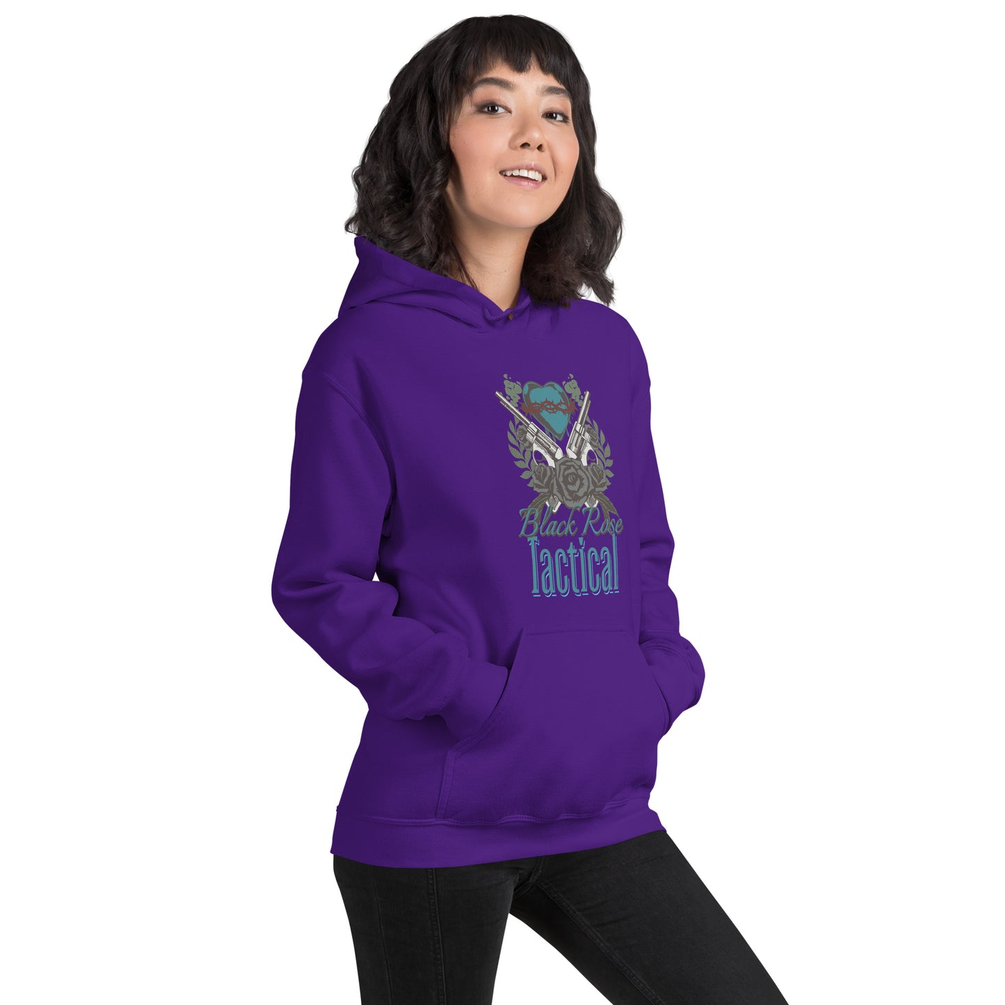 Person wearing a purple hoodie with 'Black Rose Tactical' logo on a white background