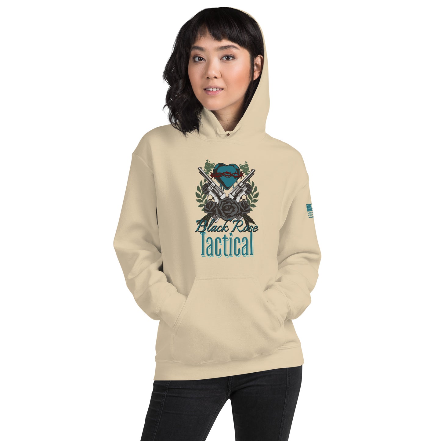 Woman wearing a beige hoodie with 'Black Rose Tactical' logo on a white background