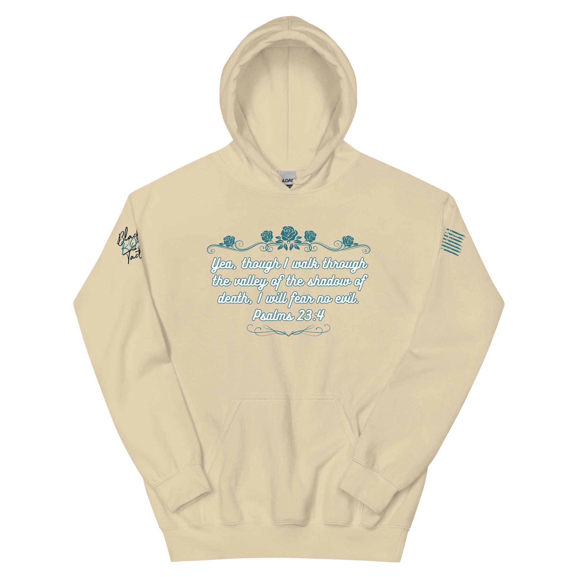 Beige hoodie with text and designs on a white background