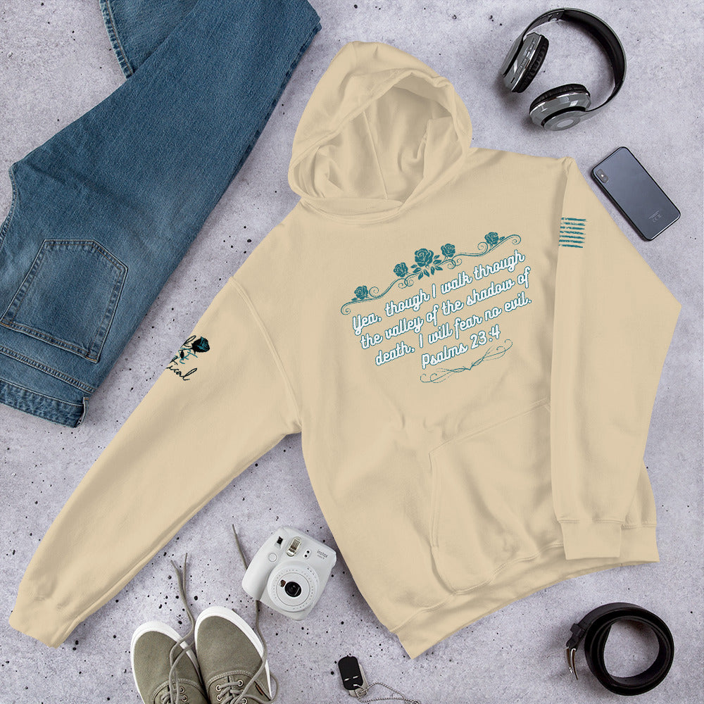 Front view of Psalms 23:4 hoodie showing Christian design and pocket sand