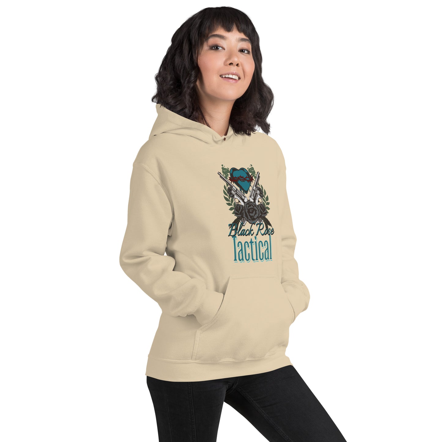 Person wearing a beige hoodie with a graphic design and text on a white background