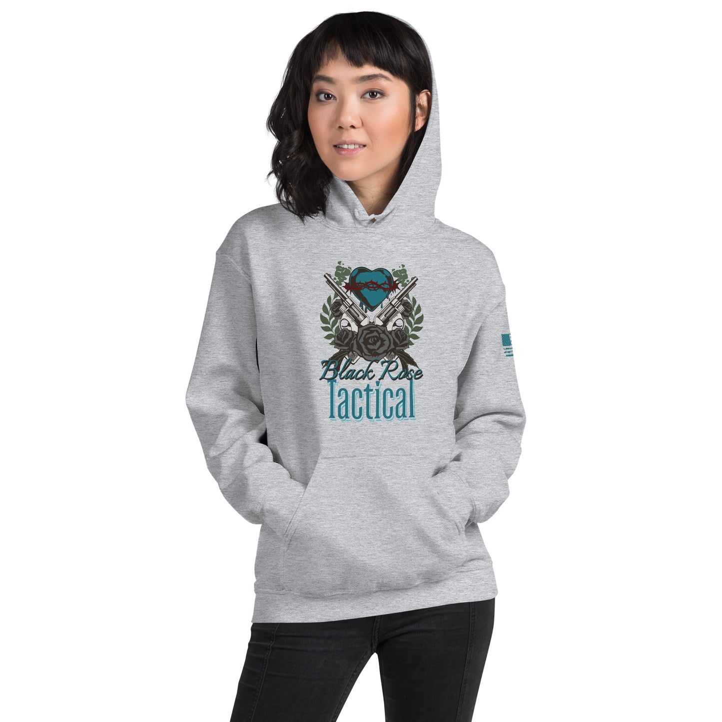 Person wearing a gray hoodie with 'Black Rose Tactical' logo on a white background