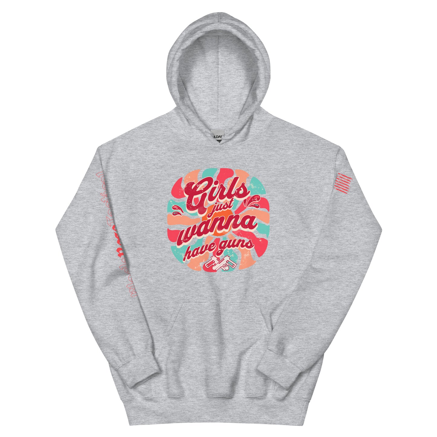 Gray hoodie with colorful graphic design on a white background