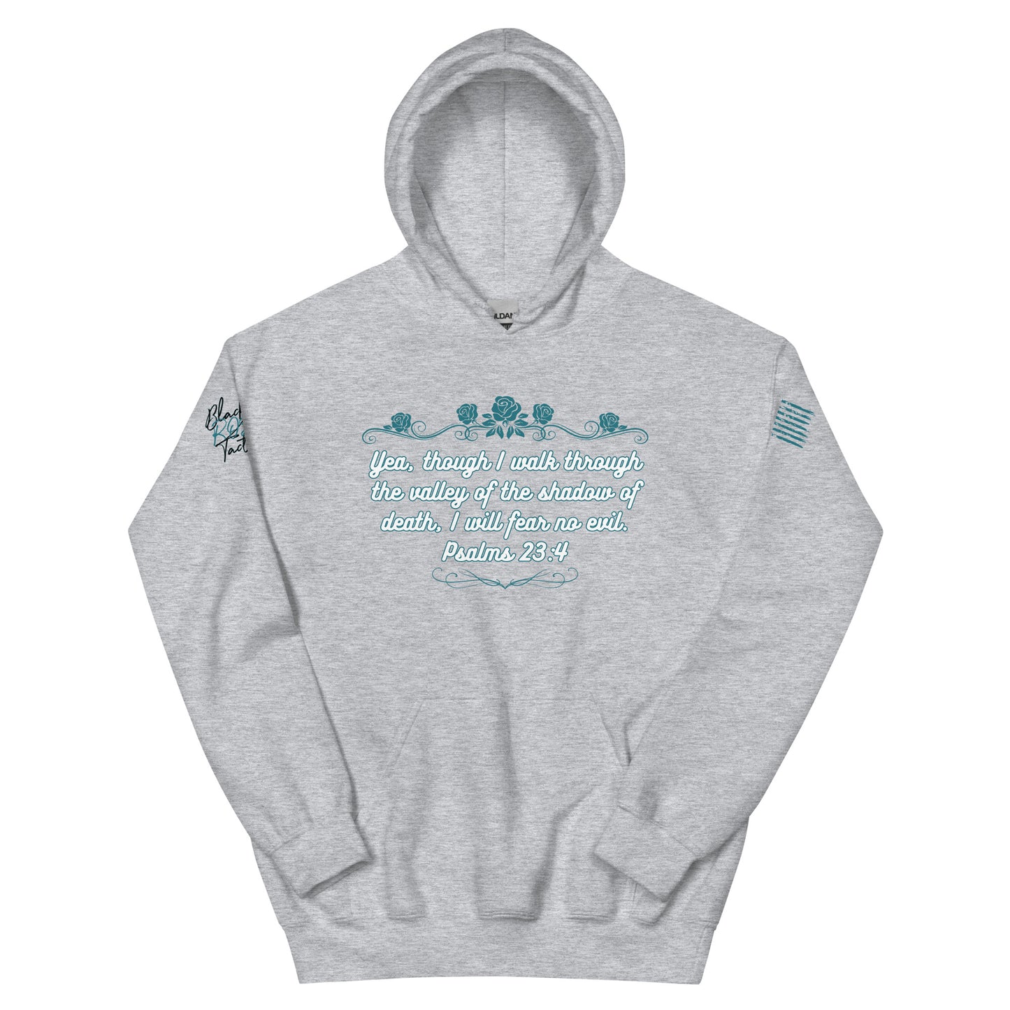 Gray hoodie with embroidered text and design on a white background