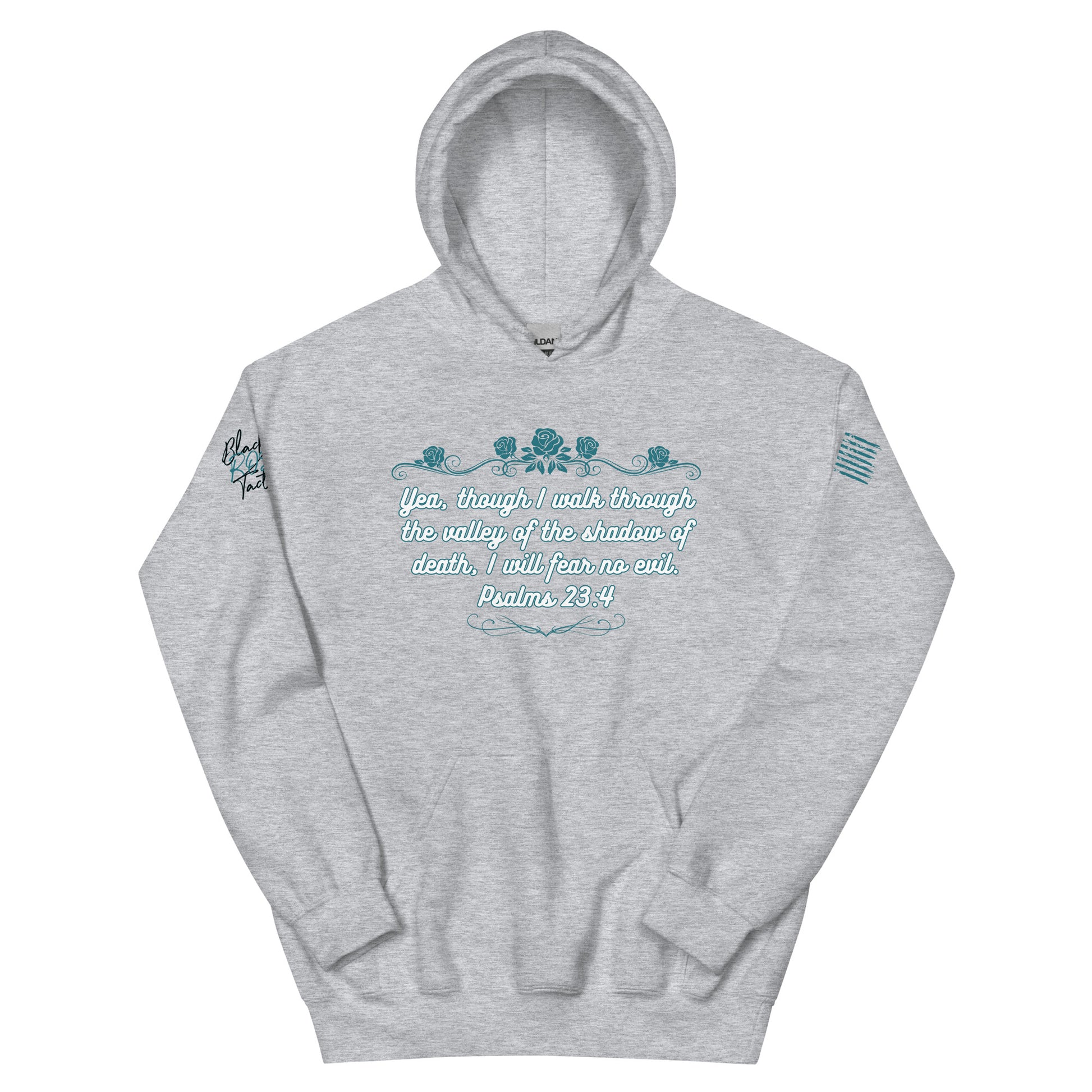 Gray hoodie with embroidered text and design on a white background