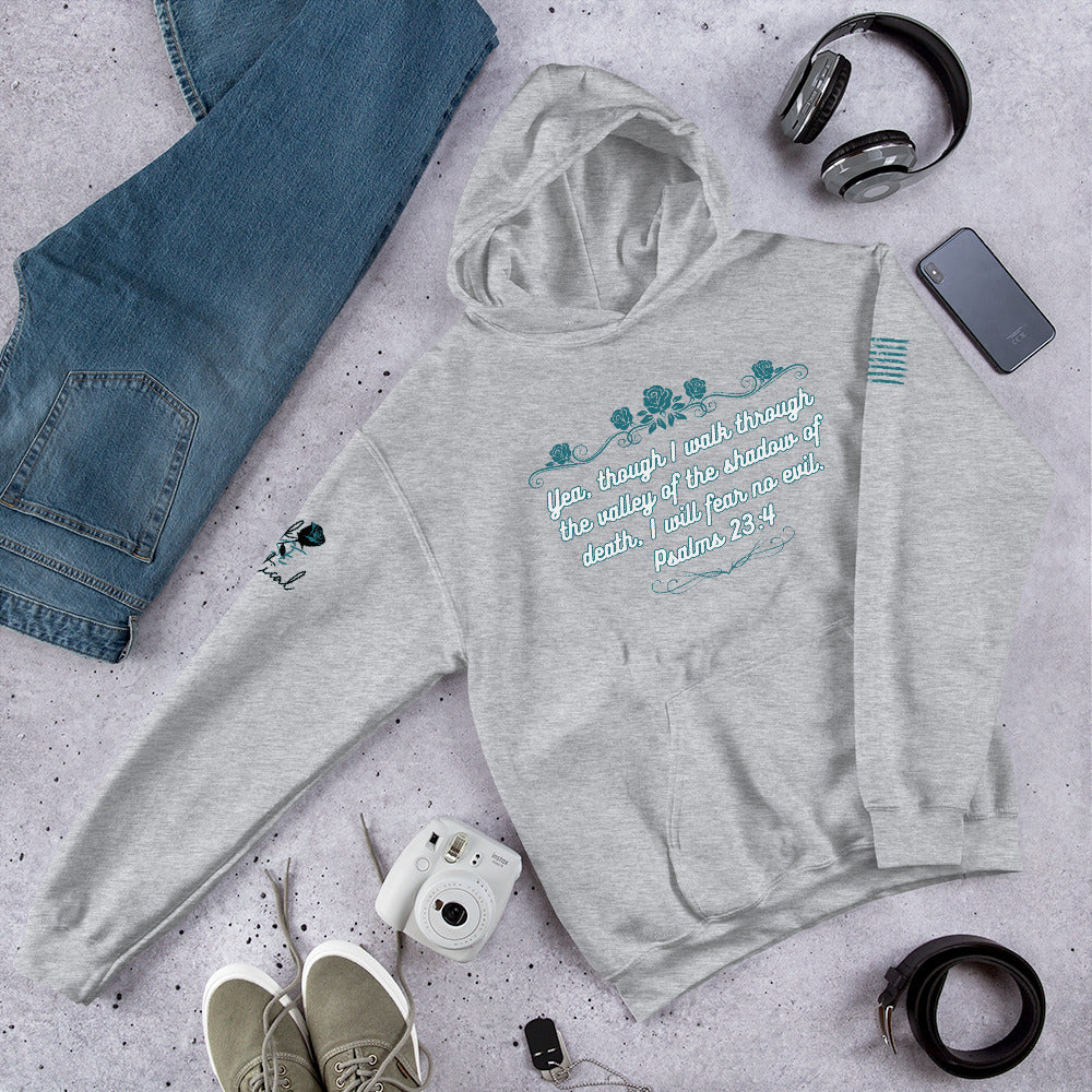 Front view of Psalms 23:4 hoodie showing Christian design and pocket gray