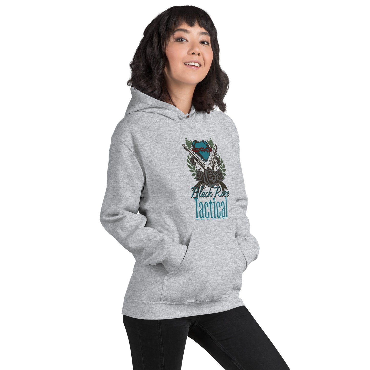 Person wearing a gray hoodie with a logo and text on a white background