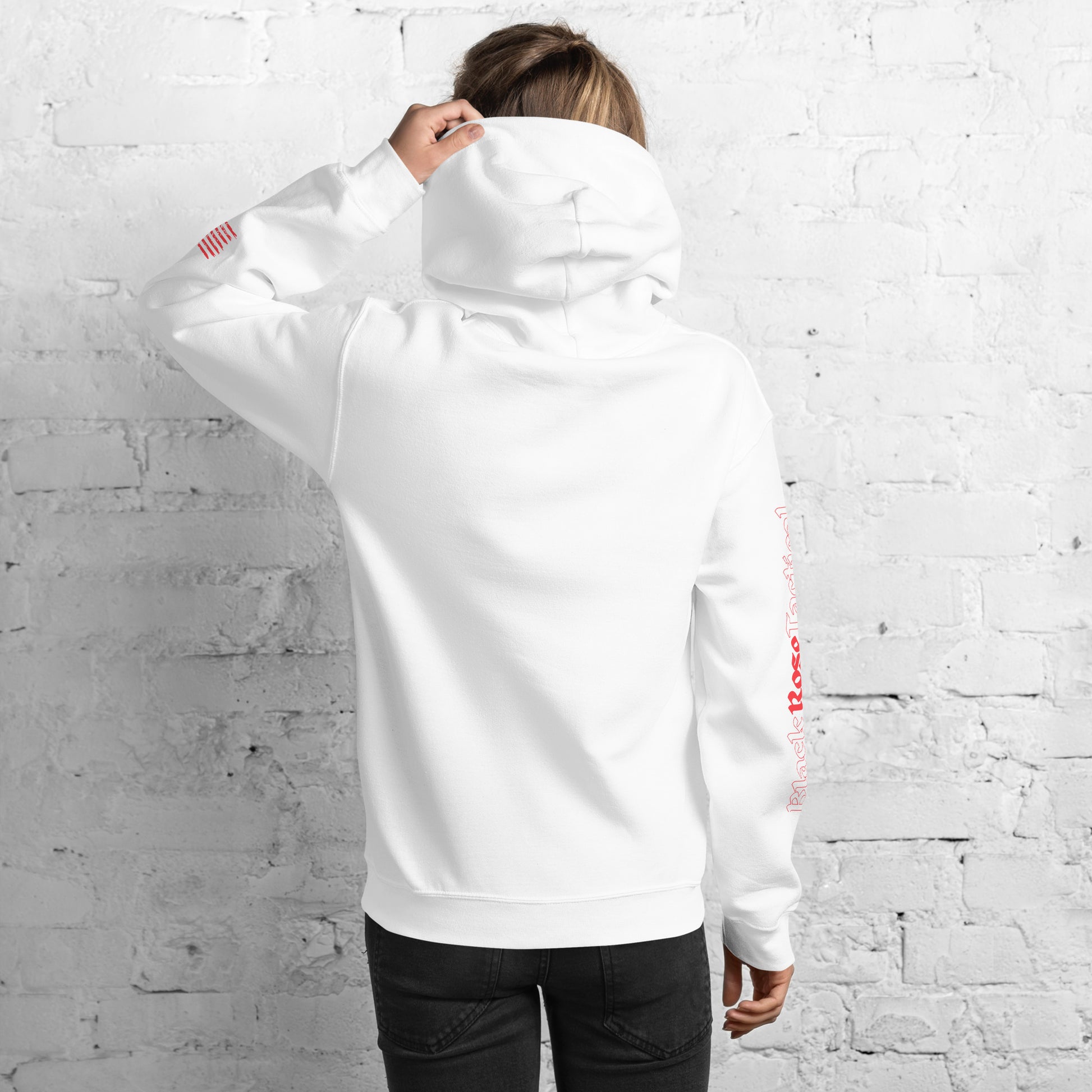 Back view of plain hoodie showing solid color with no print.