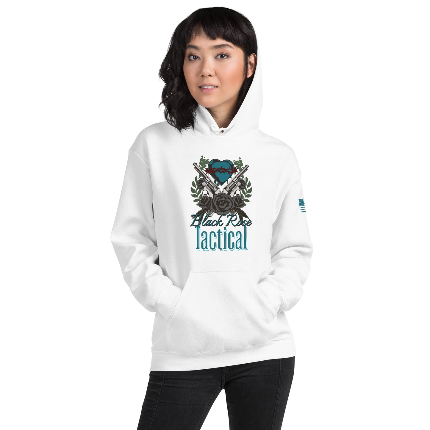 Person wearing a white hoodie with 'Black Rose Tactical' design on a white background