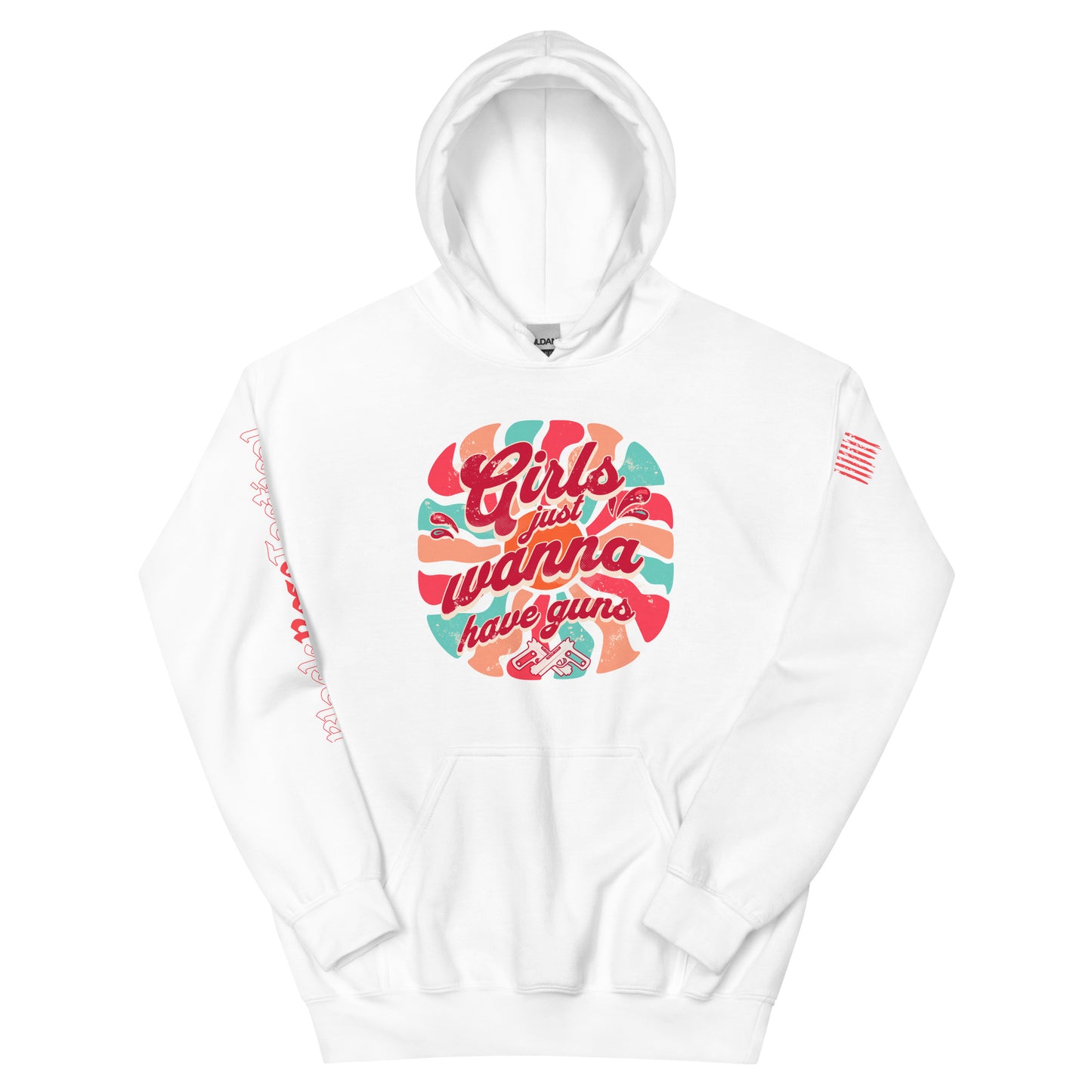Girls Just Wanna Have Guns hoodie flat lay with bold graphic design.