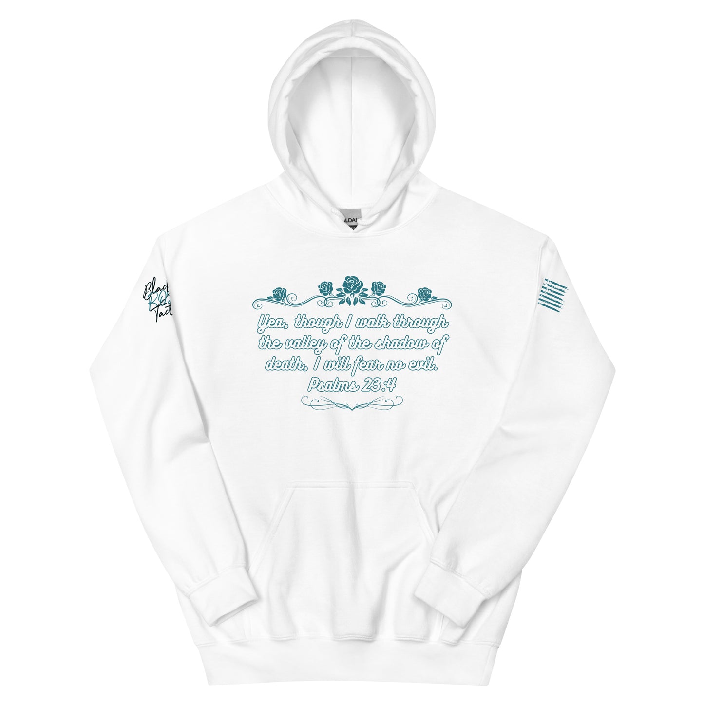 White hoodie with blue text and floral design on a white background
