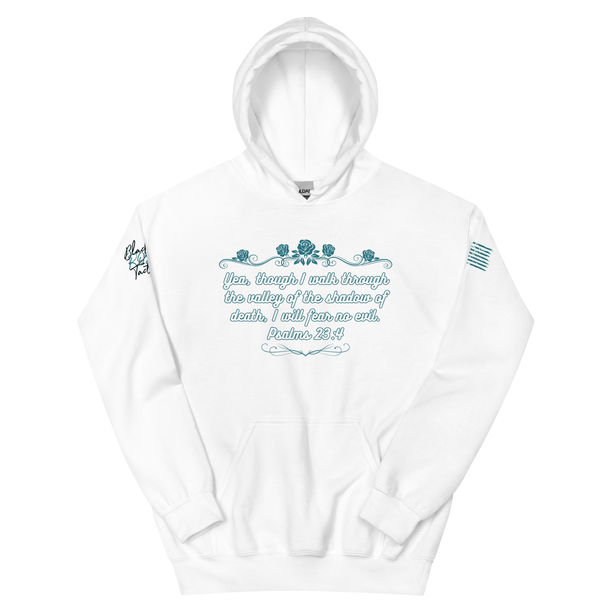 White hoodie with blue text and floral design on a white background