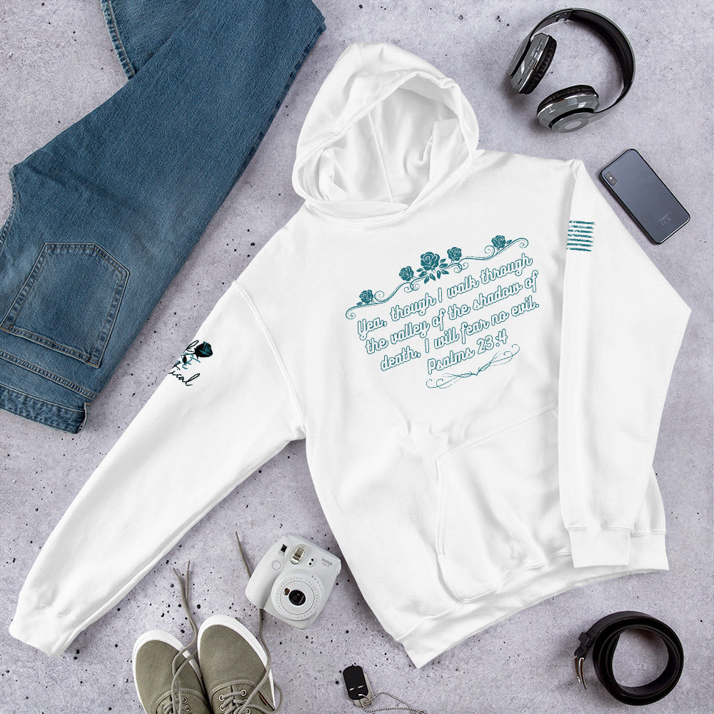 Front view of Psalms 23:4 hoodie showing Christian design and pocket white