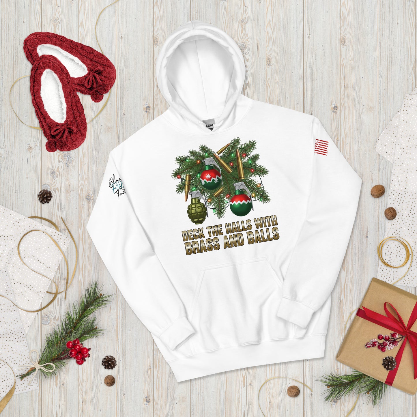 Deck the Halls with Brass and Balls sweatshirt featuring bold tactical Christmas design on front white