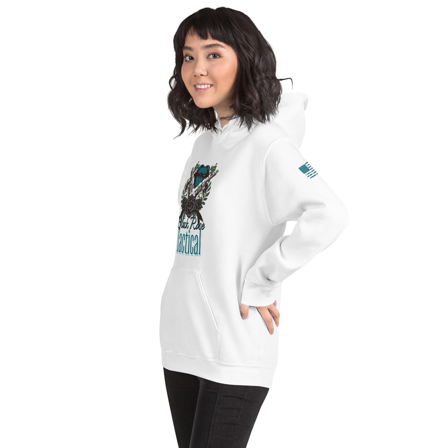 Person wearing a white hoodie with graphic design on a white background