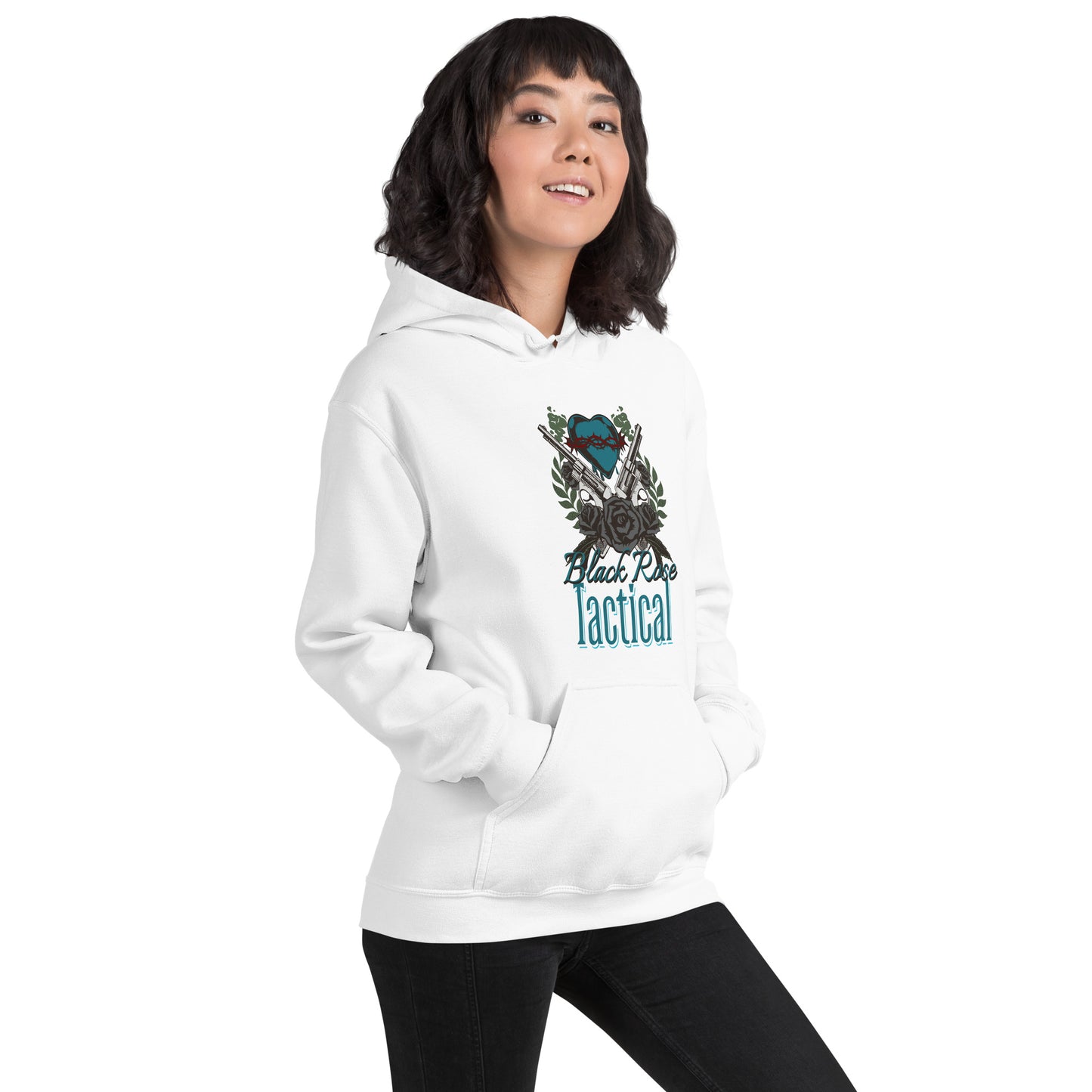 Person wearing a white hoodie with a logo and text on a white background