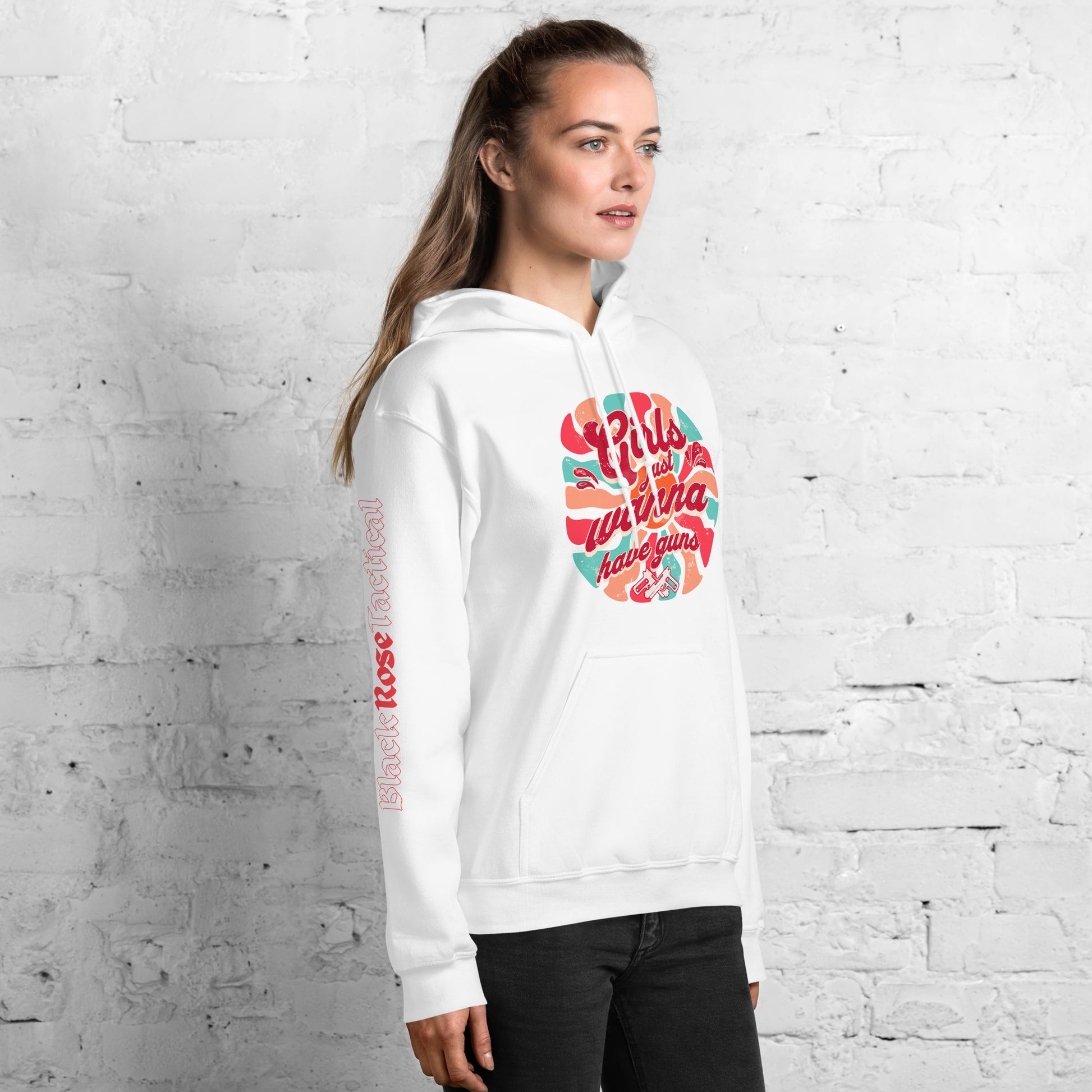 Front view of black Girls Just Wanna Have Guns hoodie with kangaroo pocket.