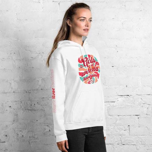 Front view of black Girls Just Wanna Have Guns hoodie with kangaroo pocket.