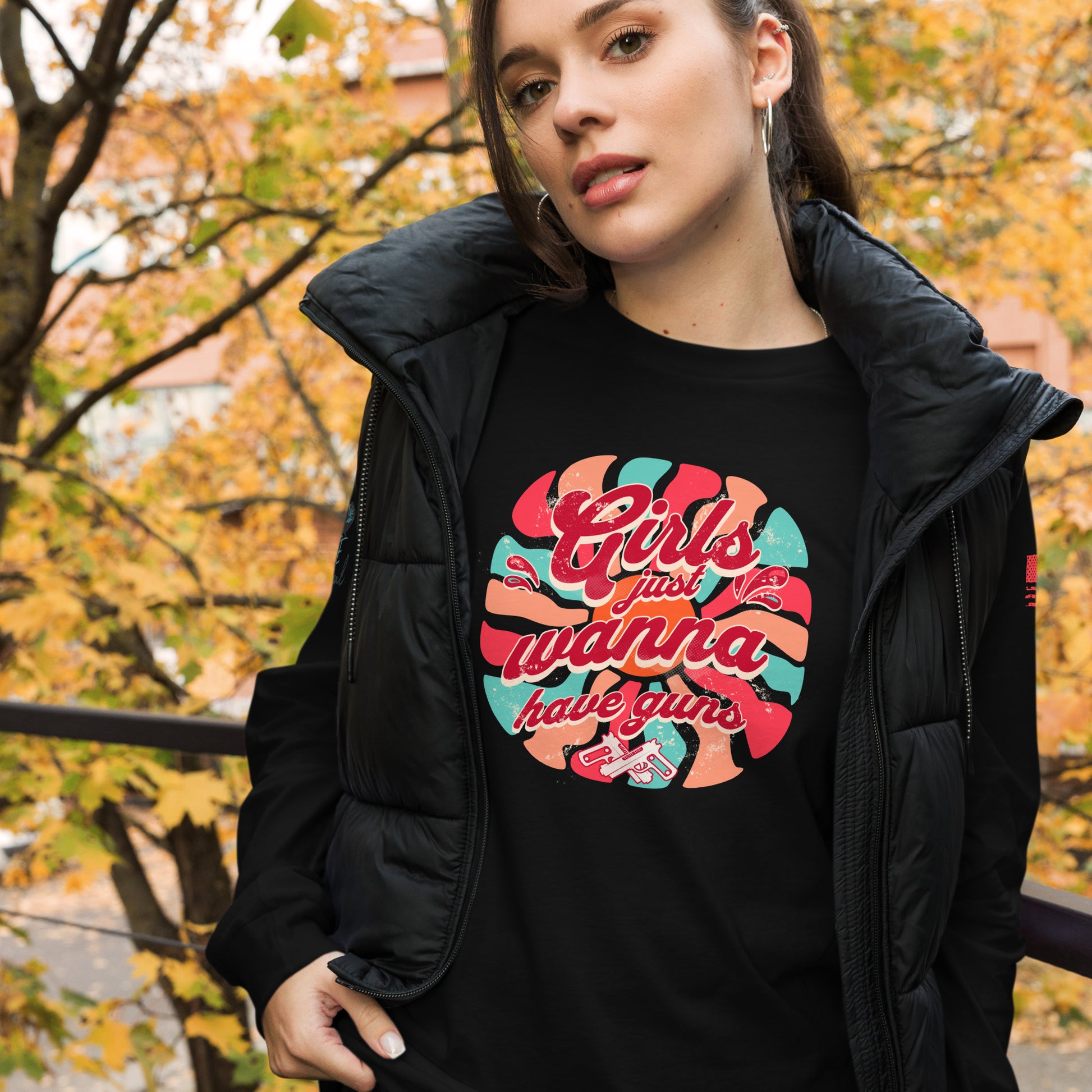 Close-up of Girls Wanna Have Guns slogan on soft combed cotton long sleeve shirt