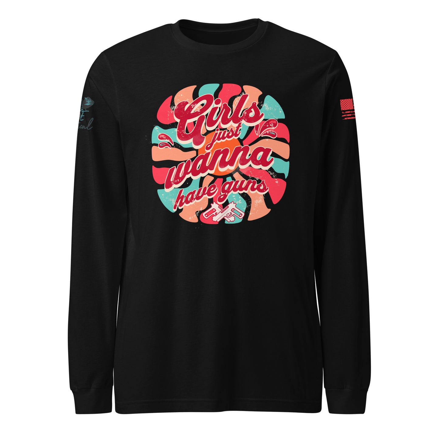 Black long-sleeve shirt with colorful graphic design on a white background