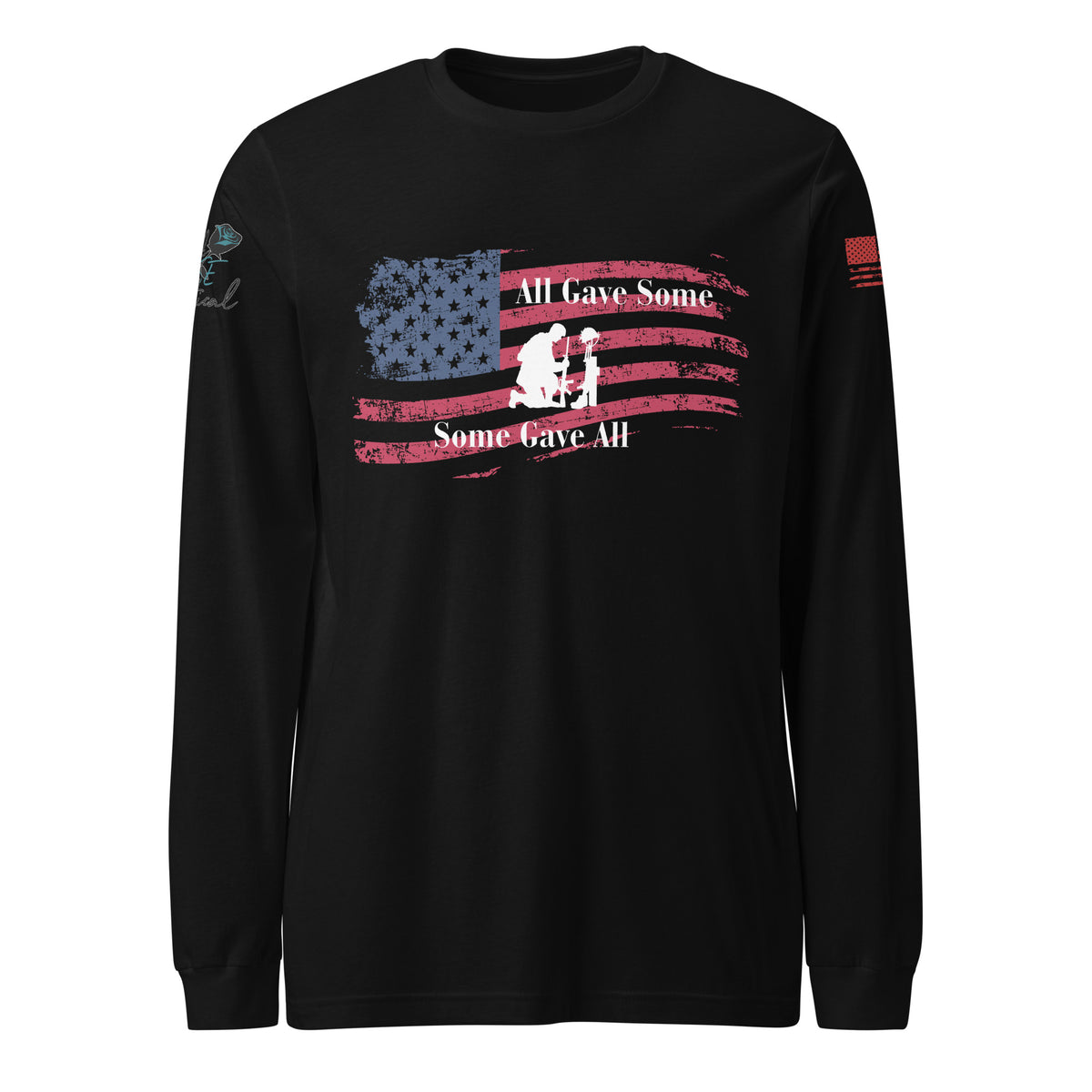 Front view of unisex long sleeve shirt with “All Gave Some, Some Gave All” patriotic design black