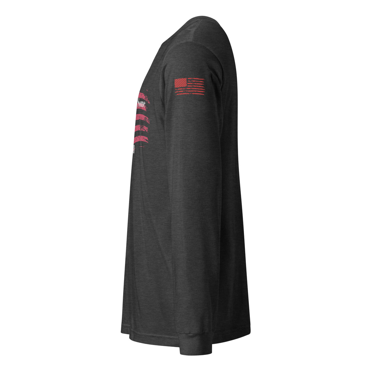 Side-angle view of unisex patriotic long sleeve tee left sleeve heather gray