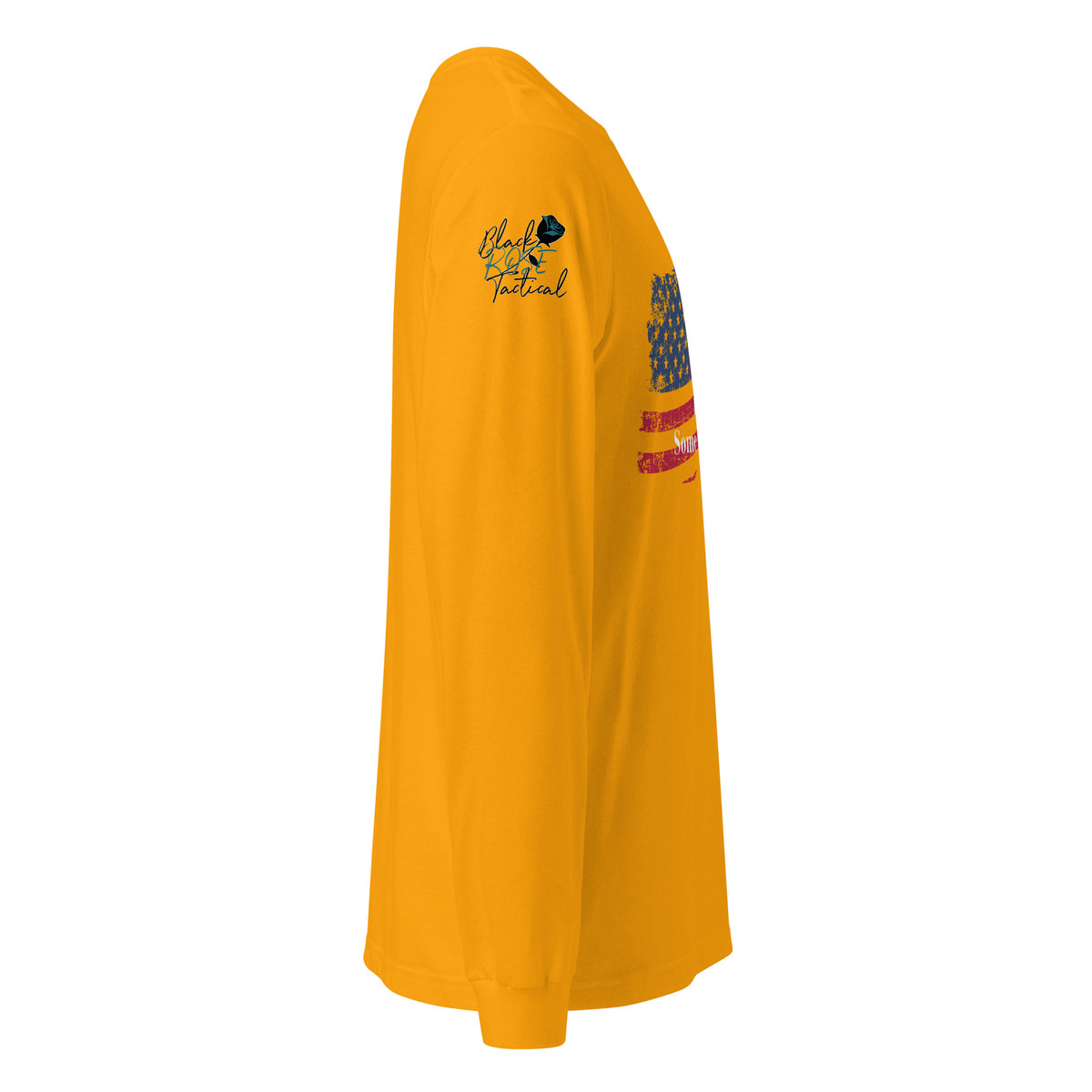Side-angle view of unisex patriotic long sleeve tee right sleeve gold