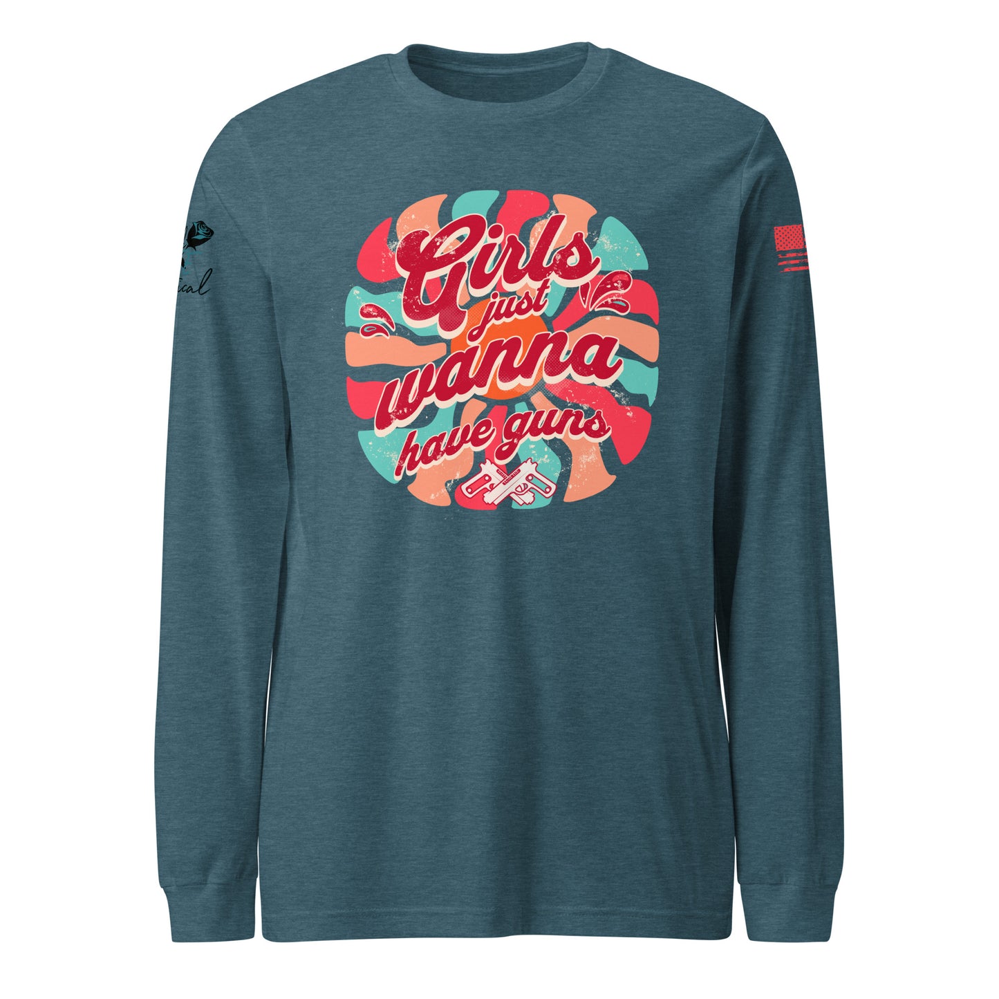 Teal long-sleeve shirt with colorful graphic design on a white background