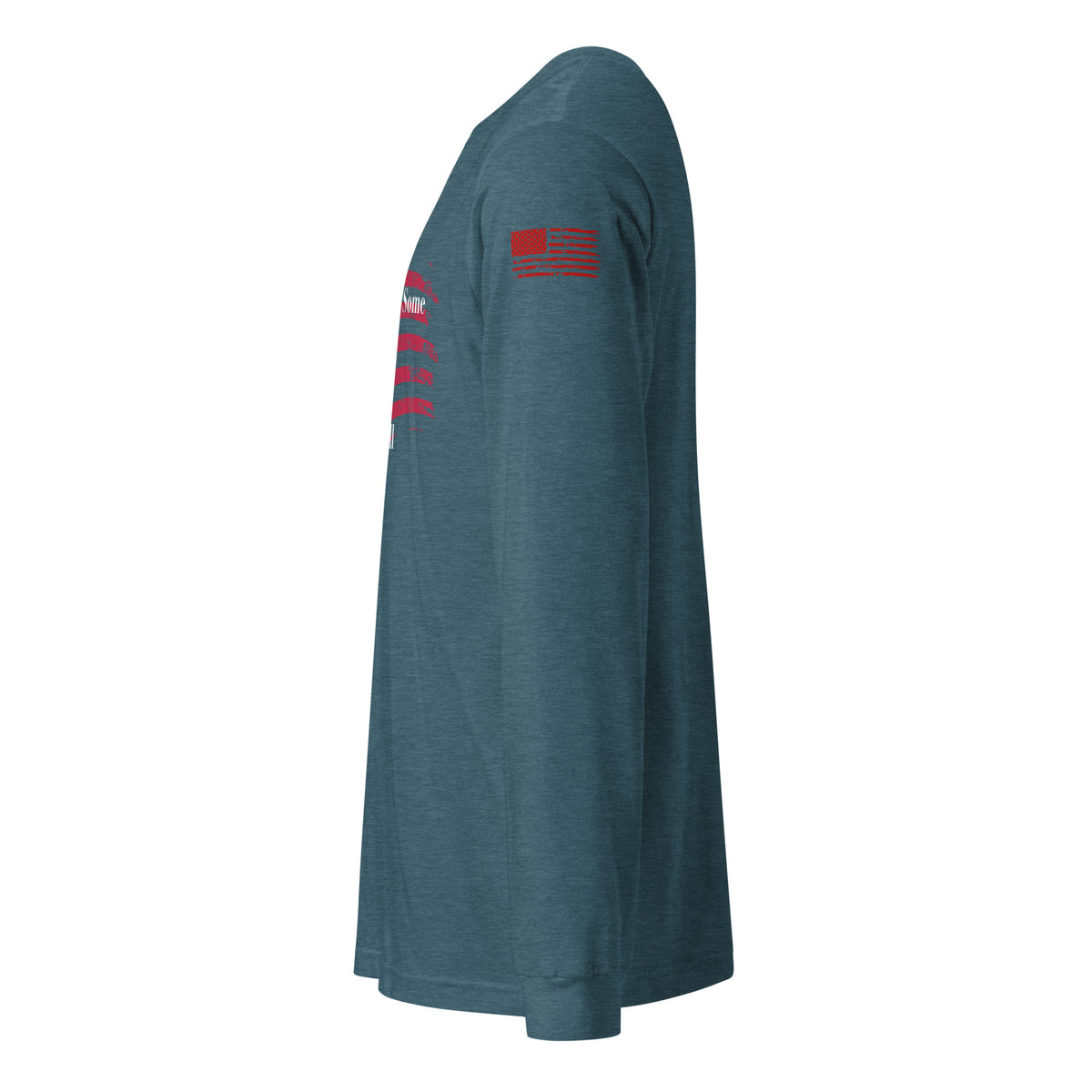 Side-angle view of unisex patriotic long sleeve tee left sleeve teal