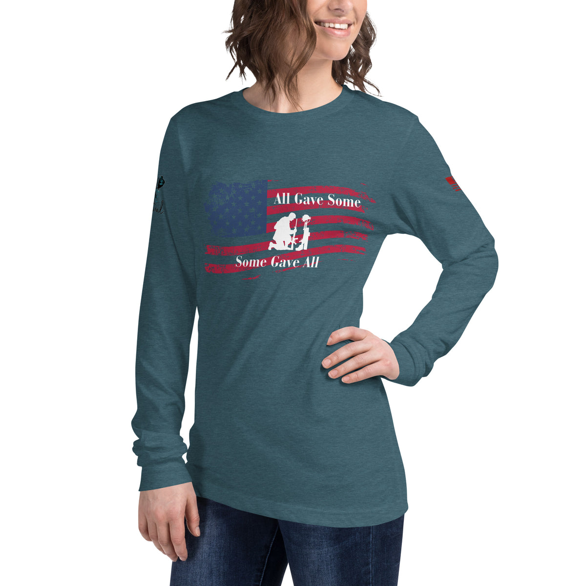 Model wearing All Gave Some, Some Gave All long sleeve shirt, front display