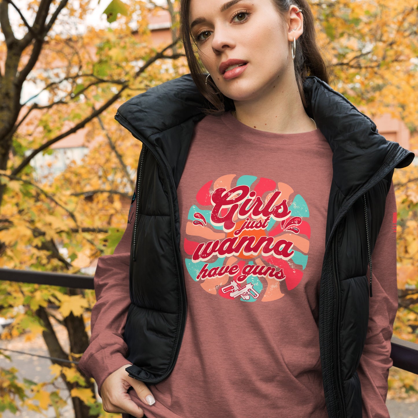 Close-up slogan on Girls Wanna Have Guns long sleeve shirt