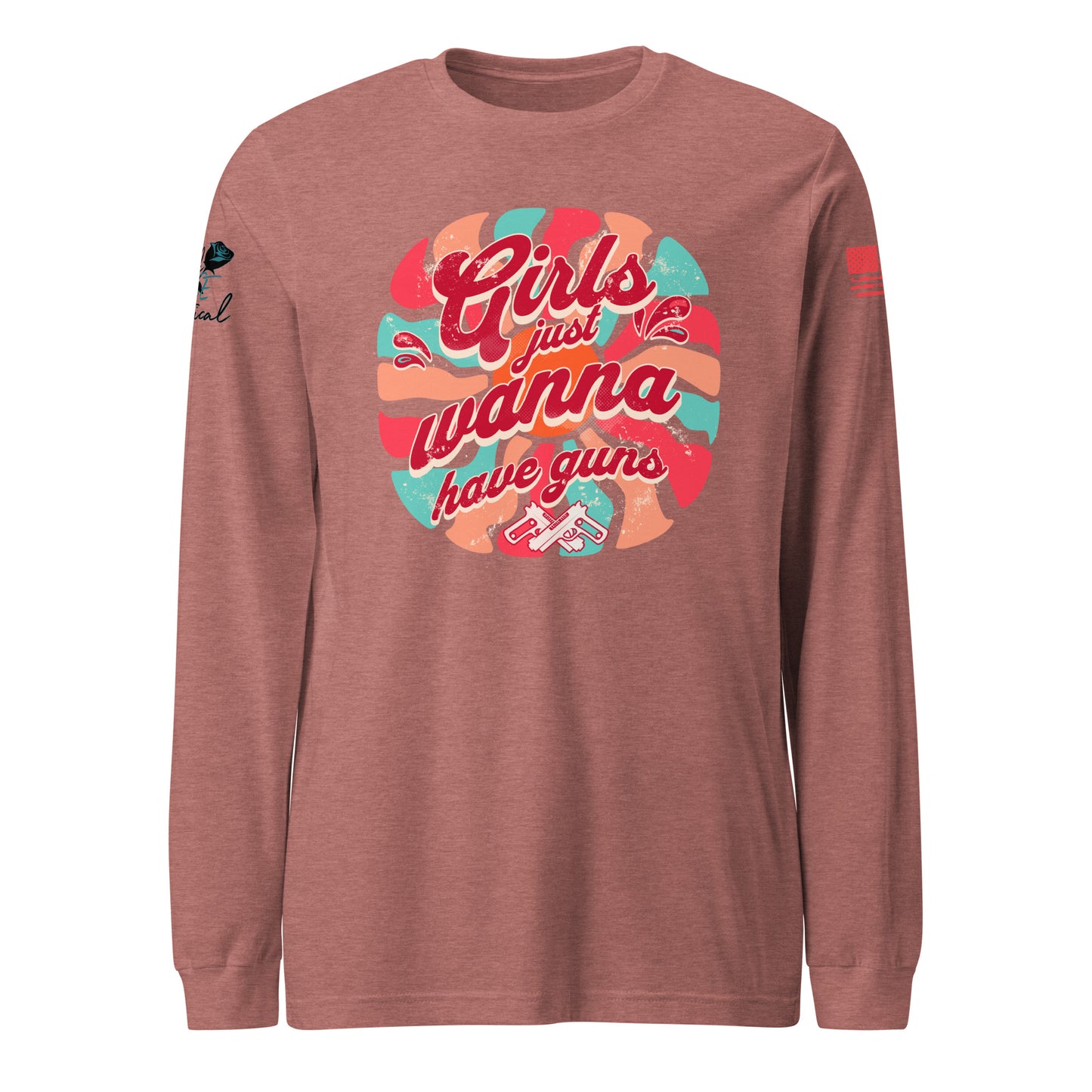 Close-up of Girls Wanna Have Guns slogan on soft combed cotton long sleeve shirt
