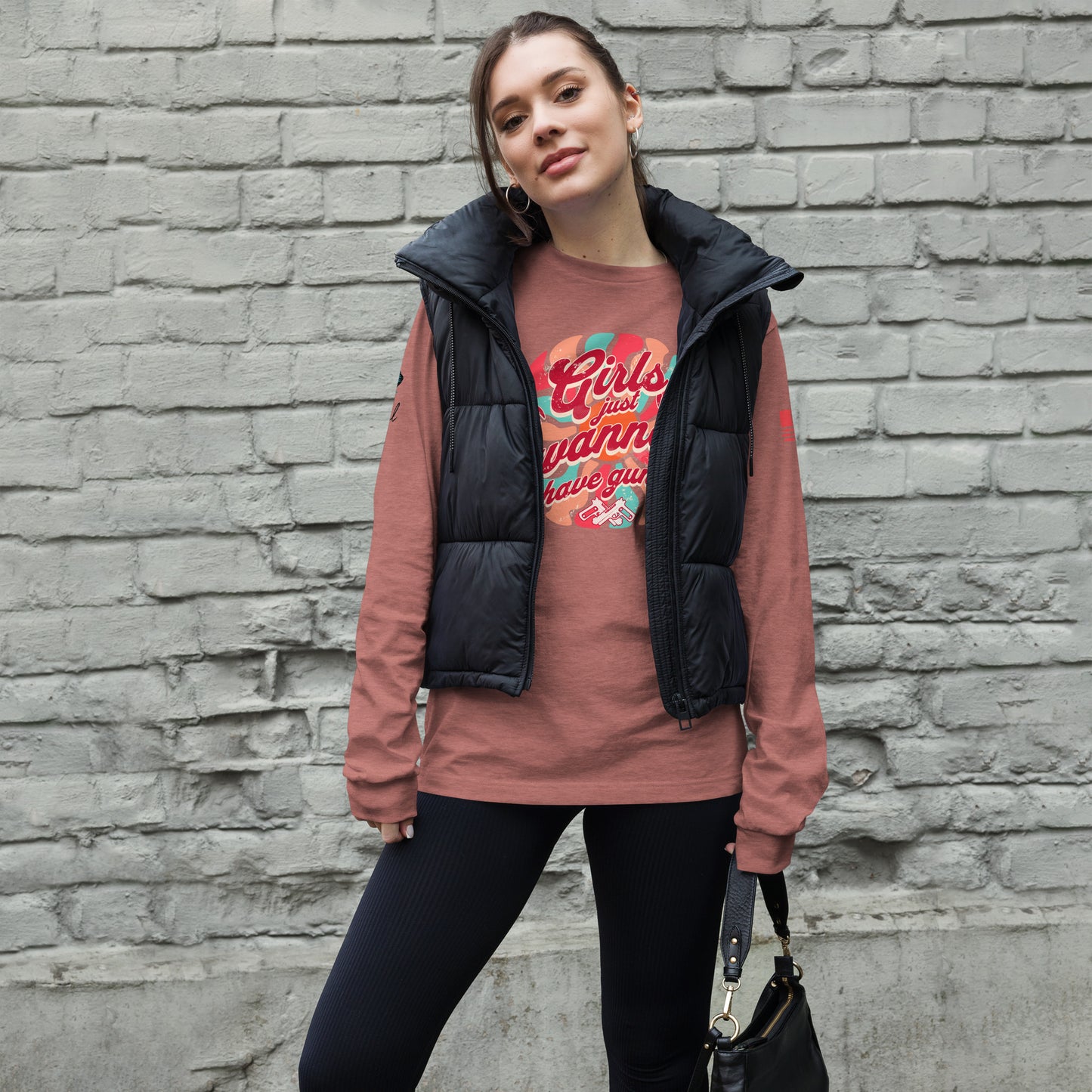 Front view of Girls Wanna Have Guns cotton long sleeve t-shirt