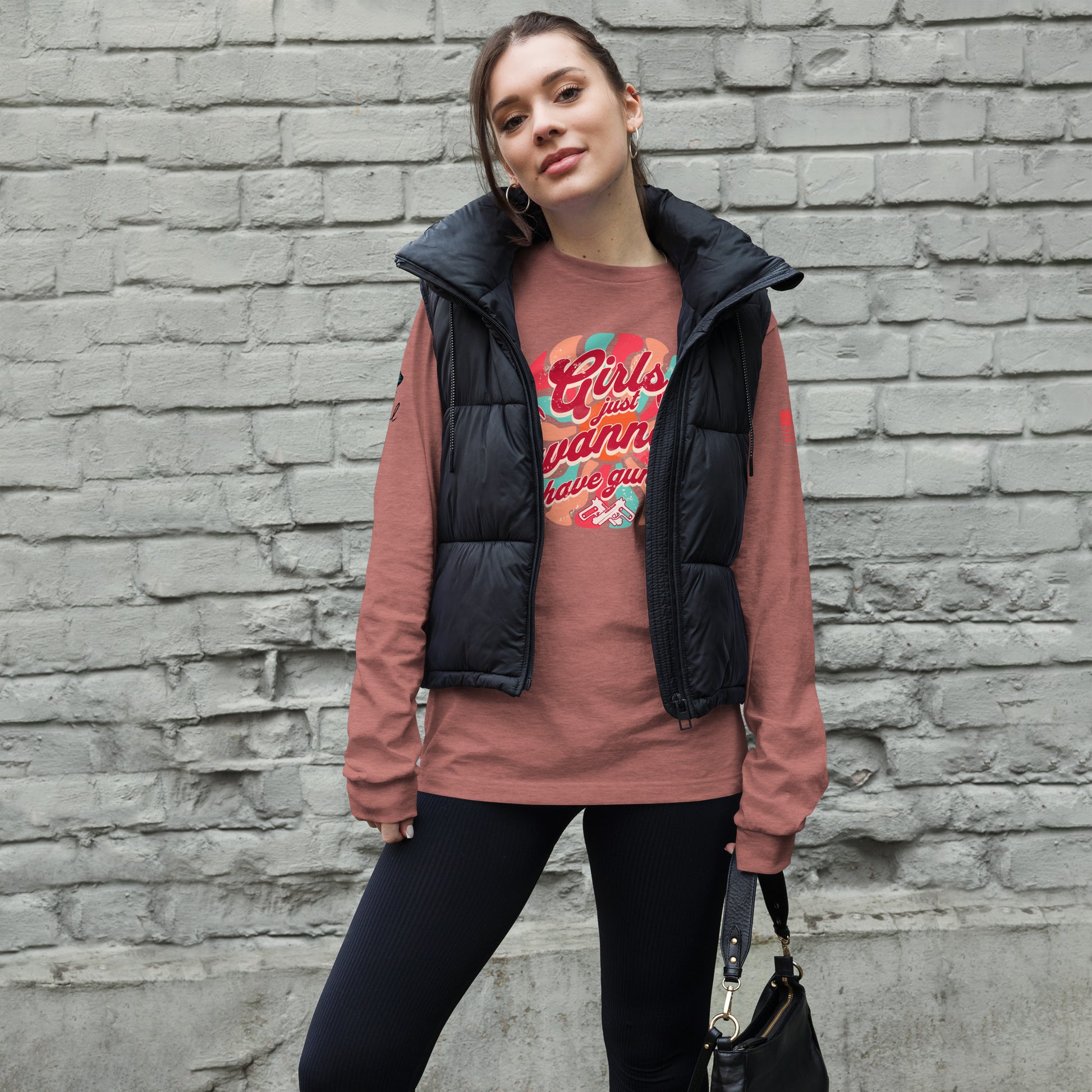 Front view of Girls Wanna Have Guns cotton long sleeve t-shirt