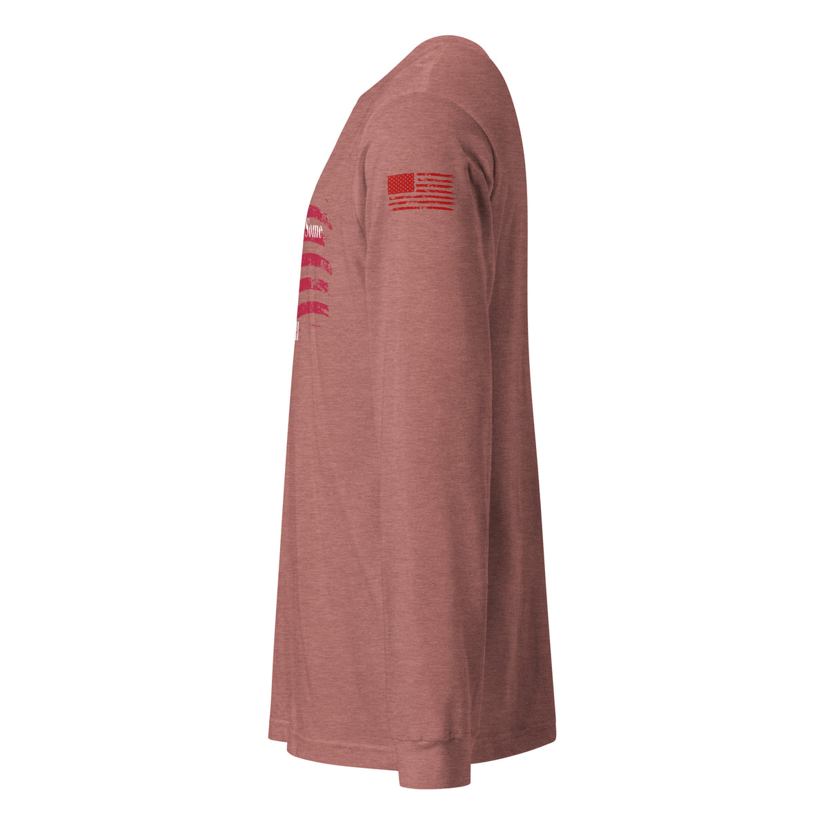 Side-angle view of unisex patriotic long sleeve tee left sleeve heather mauve