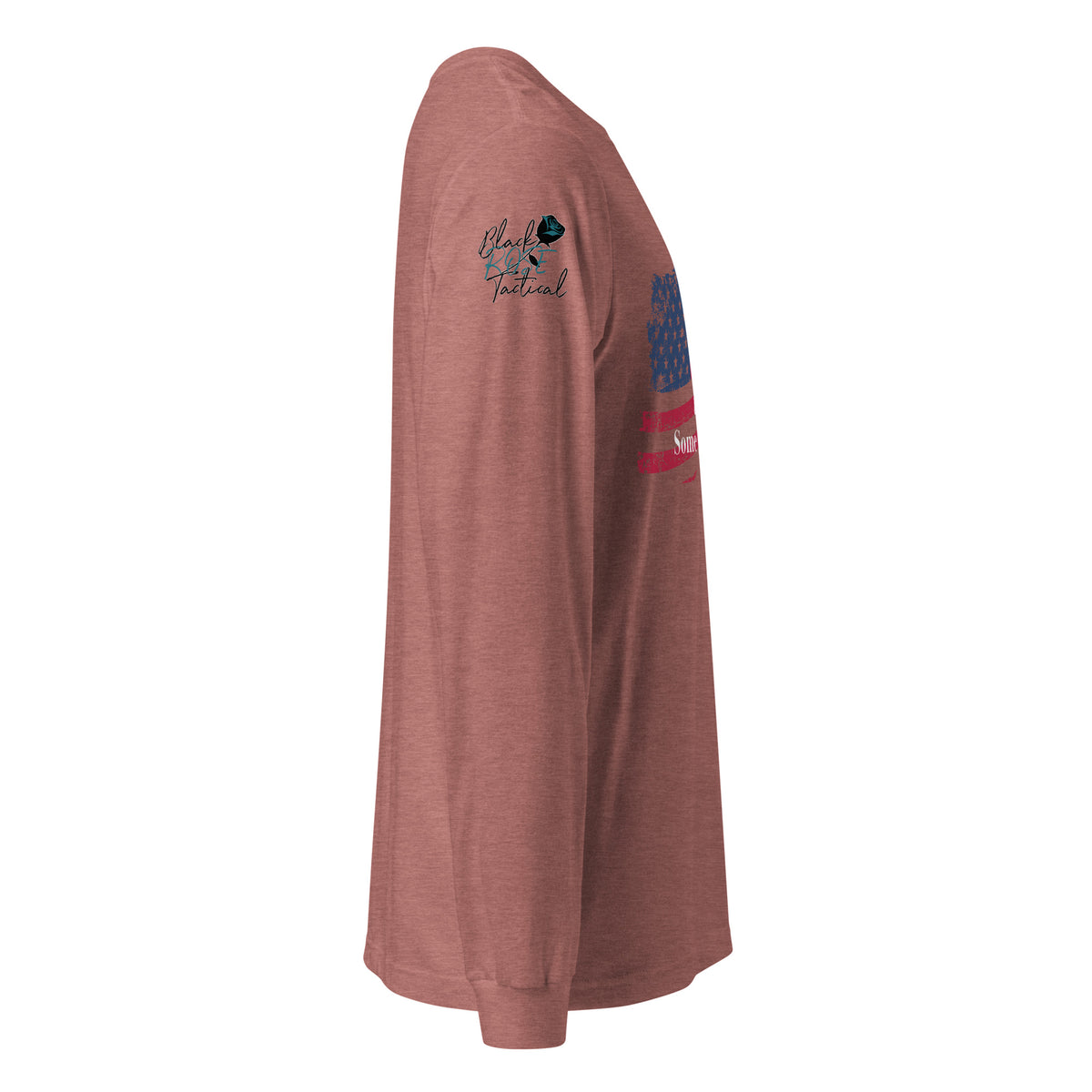 Side-angle view of unisex patriotic long sleeve tee right sleeve heather mauve