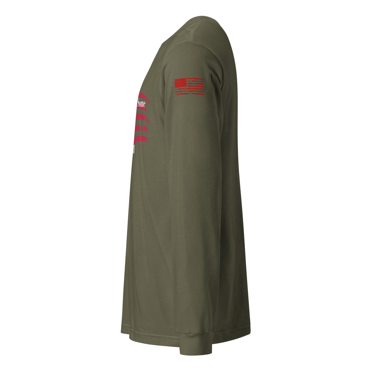 Side-angle view of unisex patriotic long sleeve tee left sleeve green