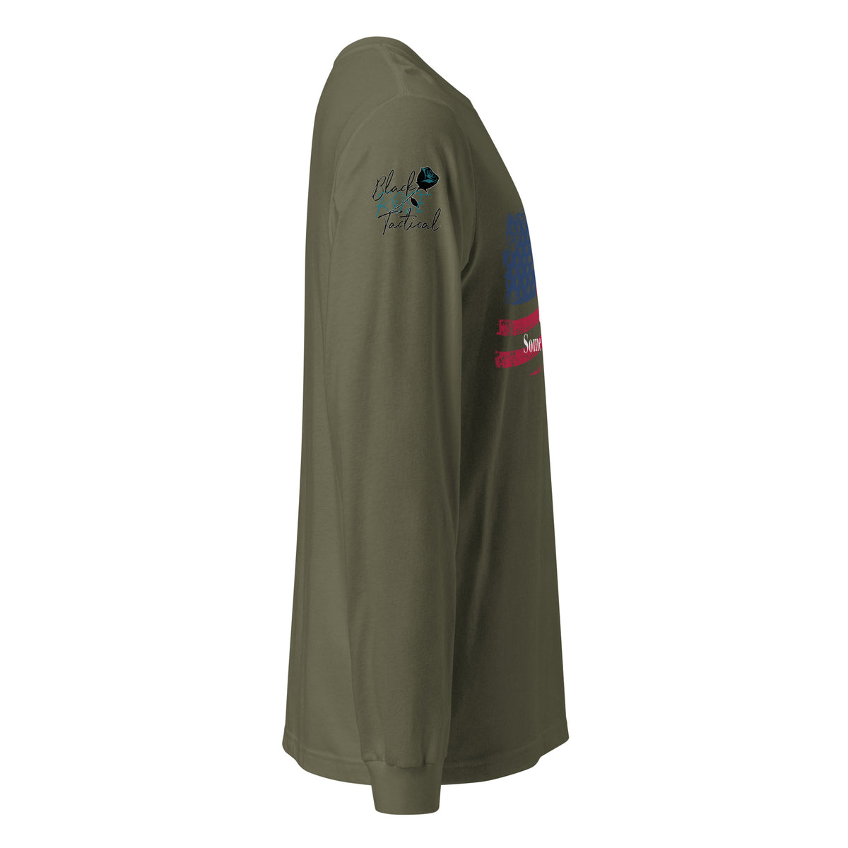 Side-angle view of unisex patriotic long sleeve tee right sleeve green