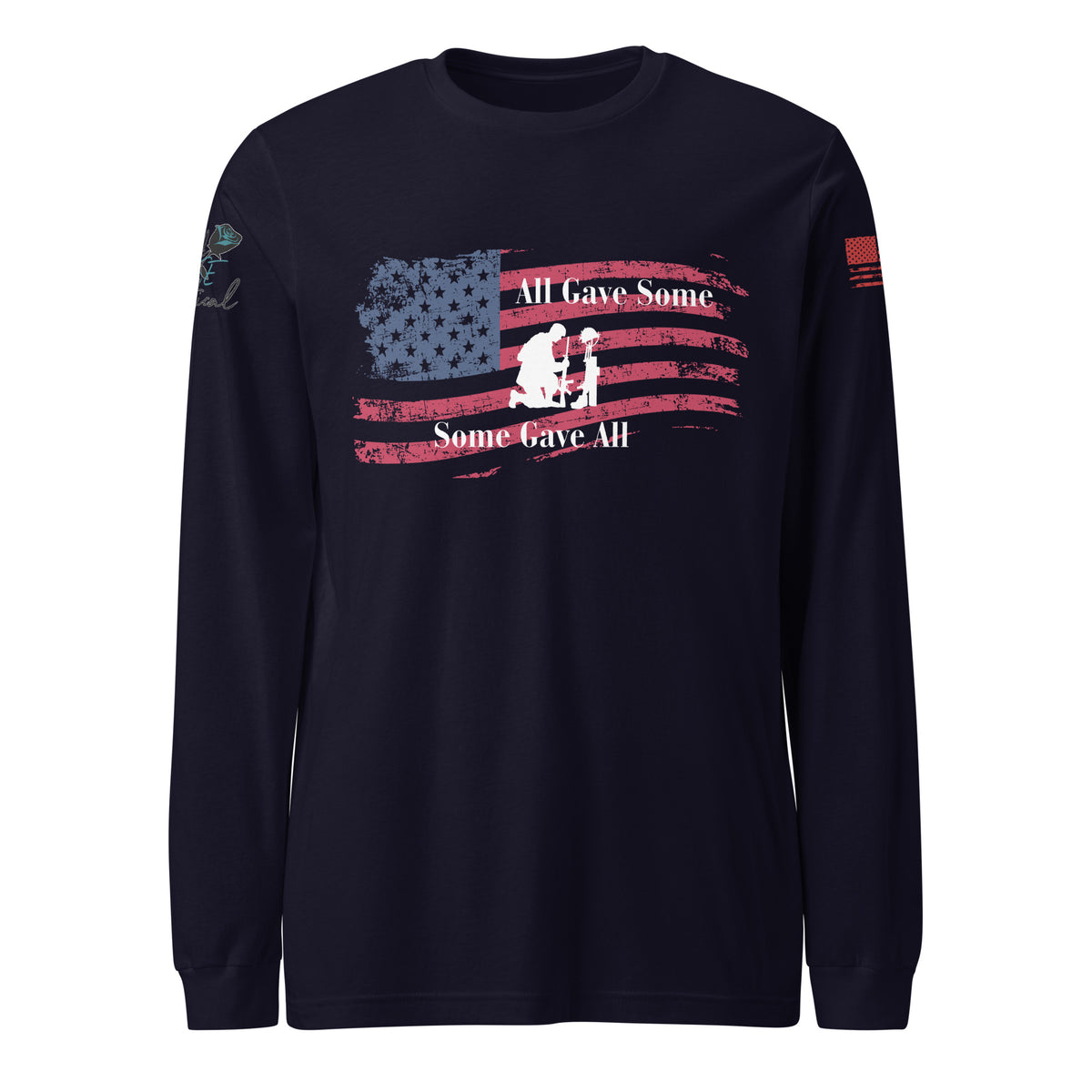 Front view of unisex long sleeve shirt with “All Gave Some, Some Gave All” patriotic design navy