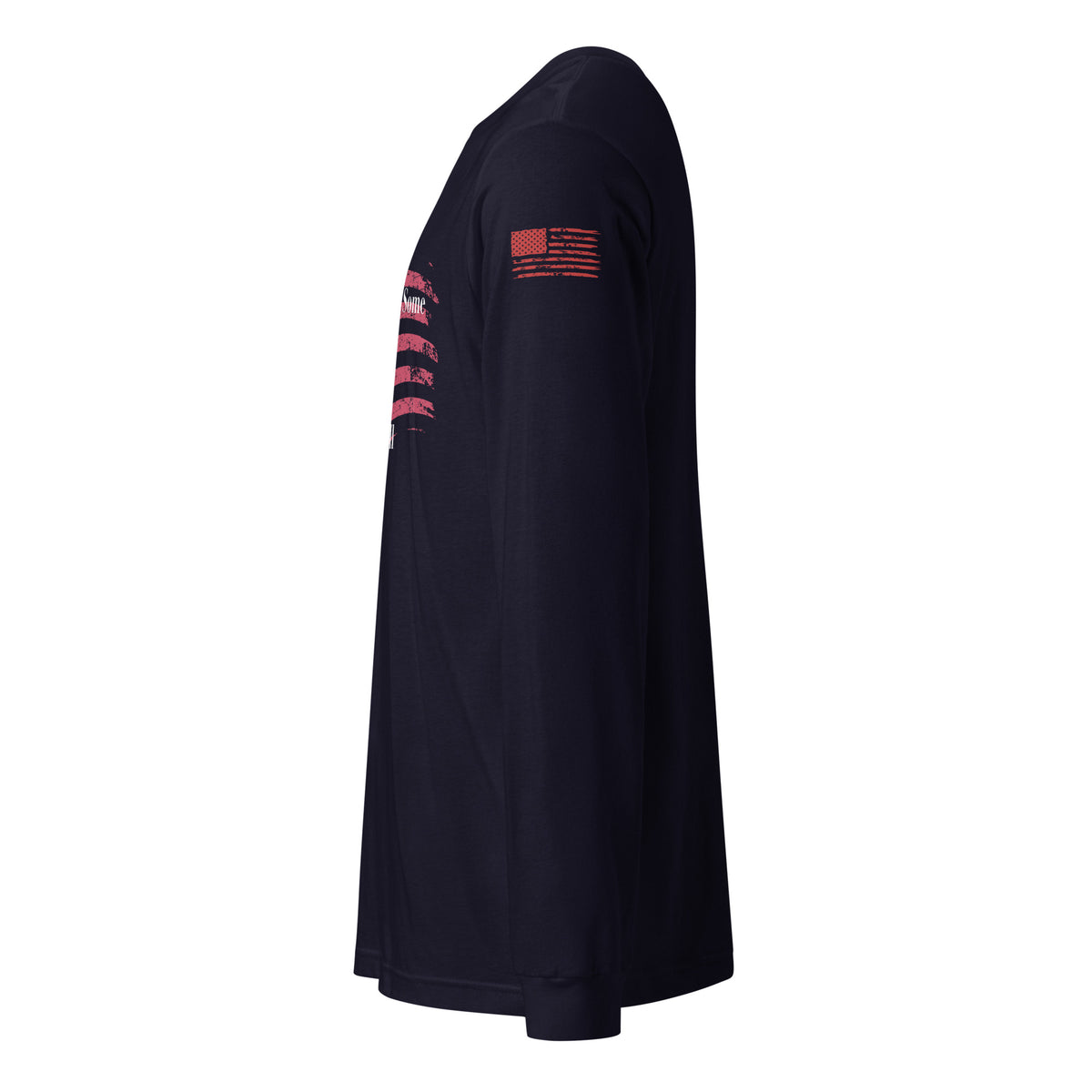 Side-angle view of unisex patriotic long sleeve tee left sleeve navy