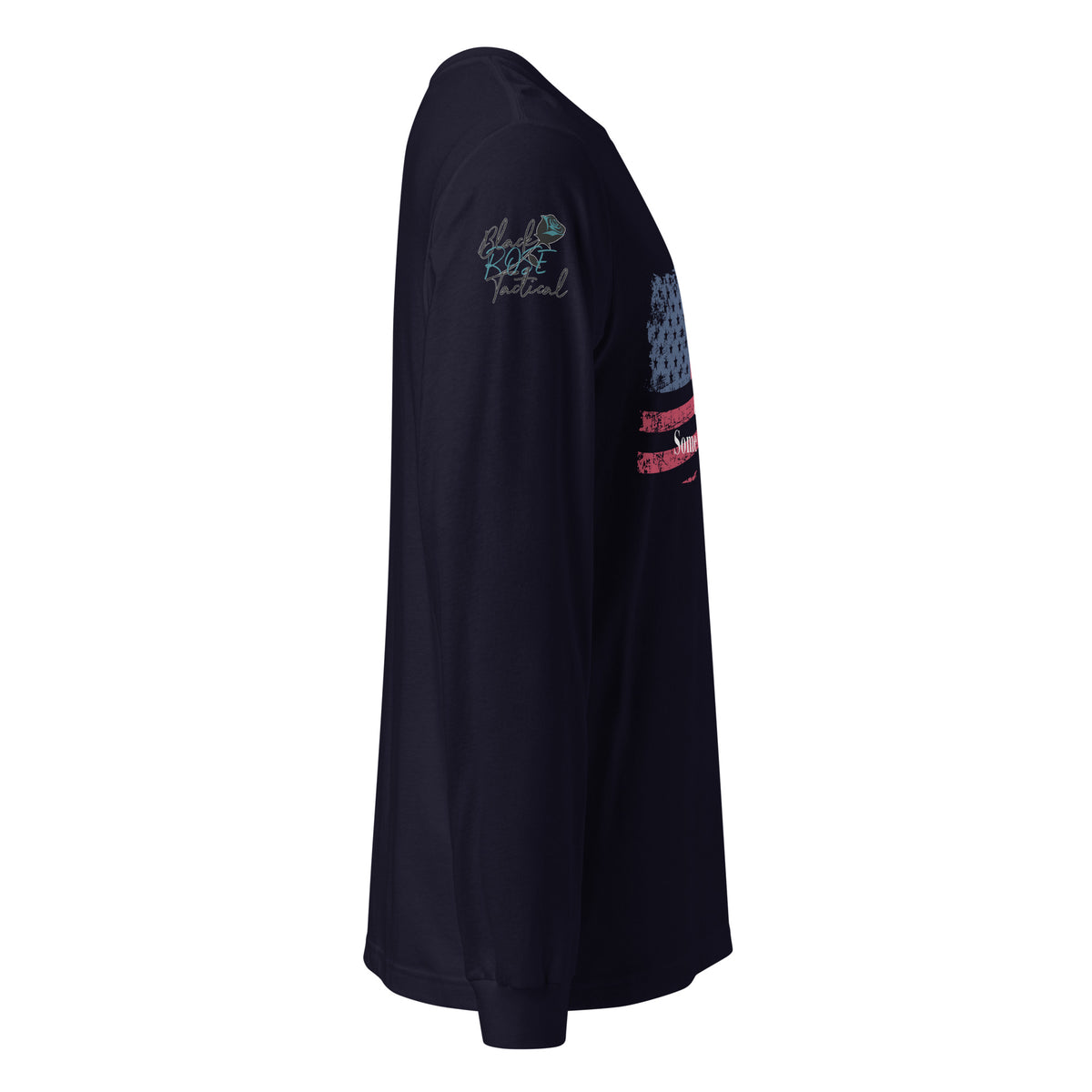 Side-angle view of unisex patriotic long sleeve tee right sleeve navy