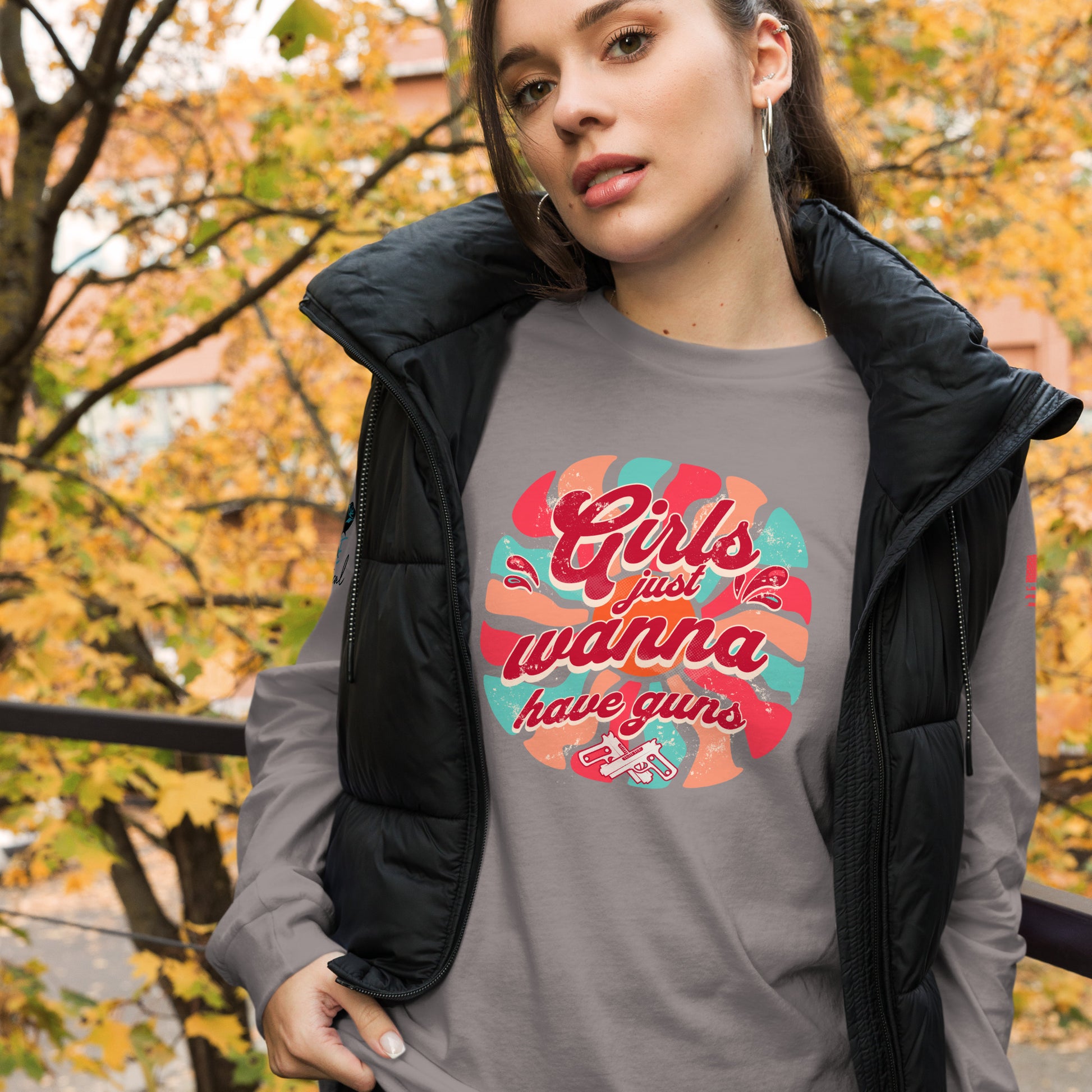 Front view of Girls Wanna Have Guns long sleeve t-shirt