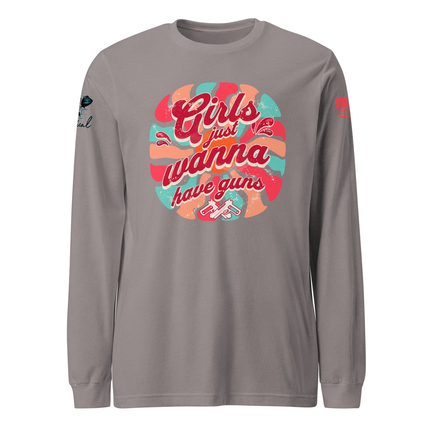 Close-up of Girls Wanna Have Guns slogan on soft combed cotton long sleeve shirt