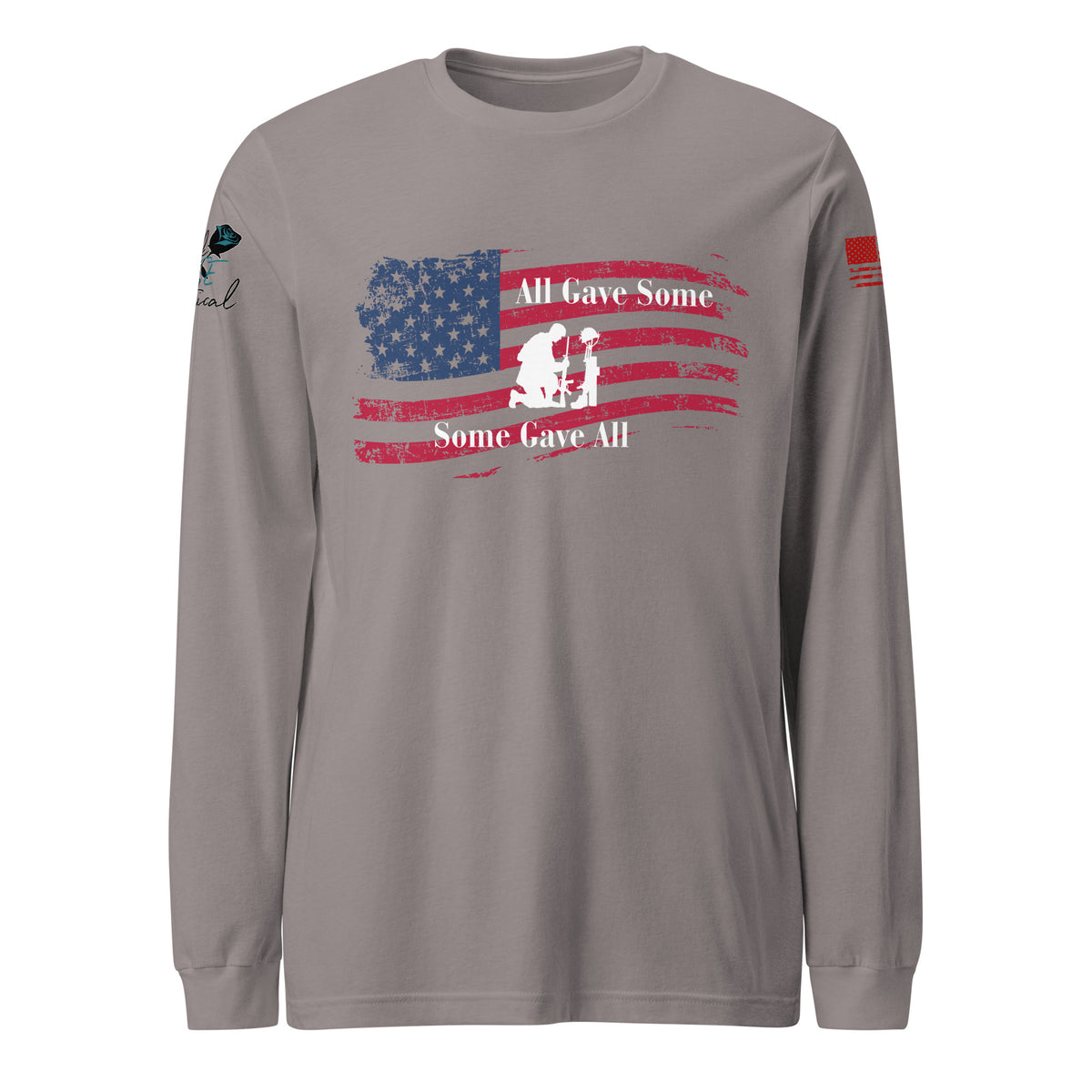Front view of unisex long sleeve shirt with “All Gave Some, Some Gave All” patriotic design gray