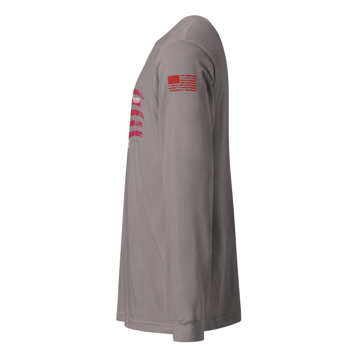 Side-angle view of unisex patriotic long sleeve tee left sleeve gray