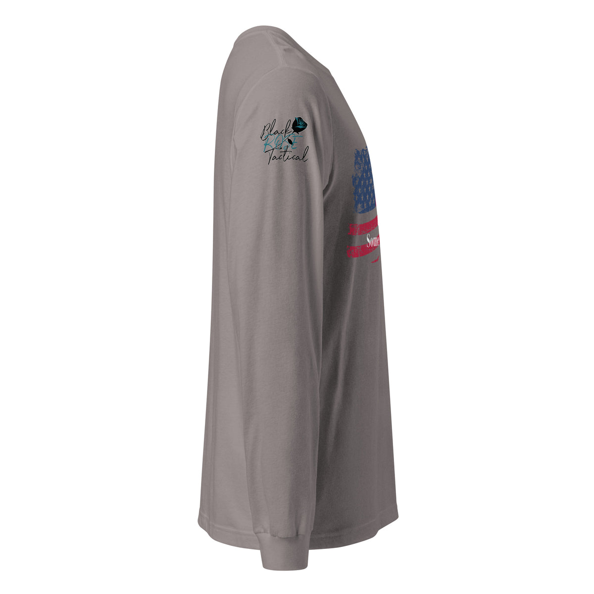 Side-angle view of unisex patriotic long sleeve tee right sleeve gray