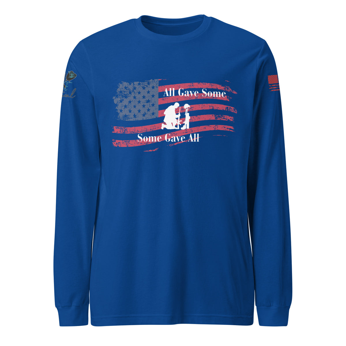 Front view of unisex long sleeve shirt with “All Gave Some, Some Gave All” patriotic design blue